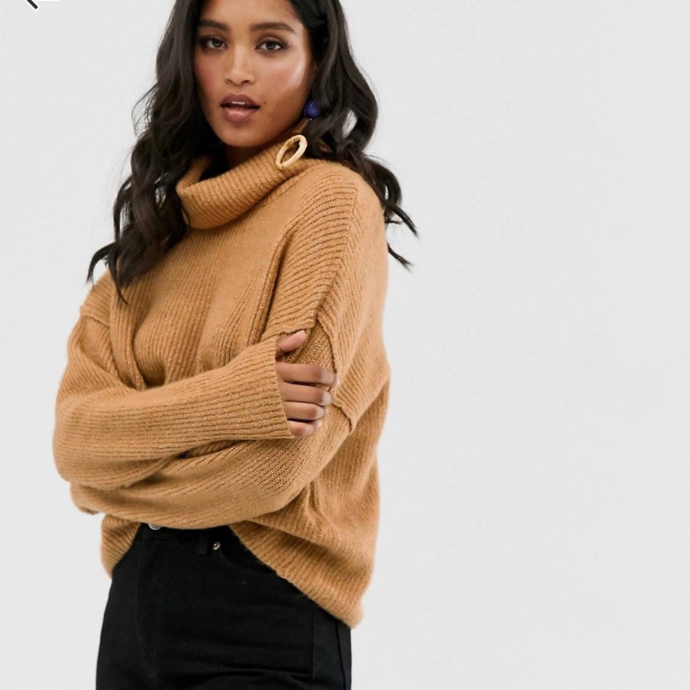 chunky cowl neck camel sweater